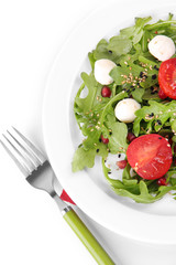 Green salad made with  arugula, tomatoes, cheese mozzarella