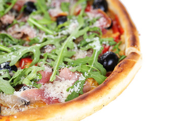 Pizza with arugula isolated on white