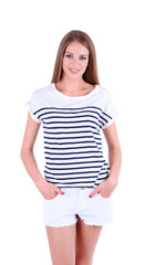 Fototapeta premium Beautiful young girl in shorts and t-shirt isolated on white