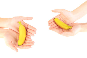 Female hands holding mini banana, isolated on white