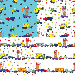 Fototapeta premium Ręka dziecka rysować samochody. Zabawna kreskówka Doodle wzór