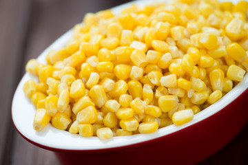 Sweet corn kernels in a glass bowl, horizontal shot, close-up