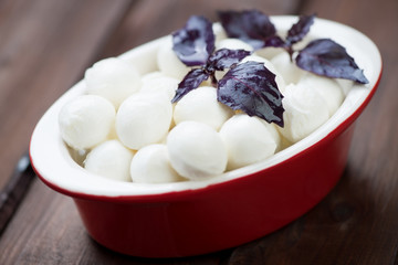 Glass bowl with mozzarella balls and purple basil, studio shot