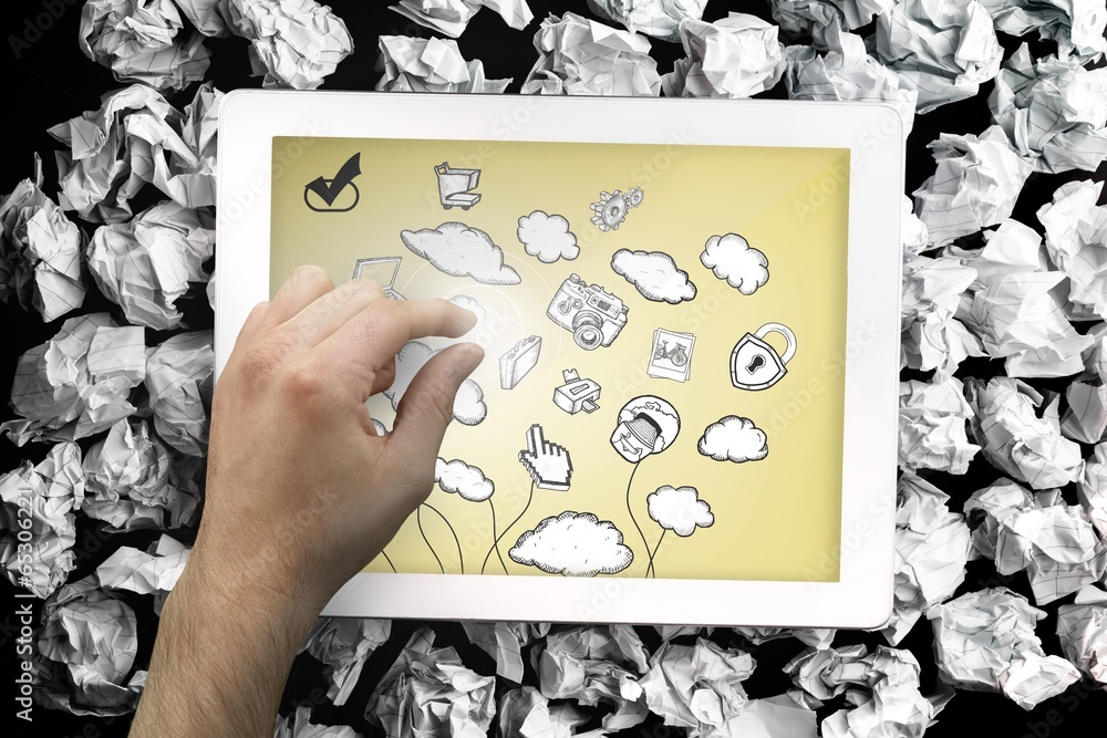 Poster composite image of hand touching tablet