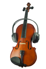 Black headphones on a classical wooden violin