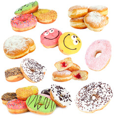 Fototapeta na wymiar Collage of tasty donuts isolated on white