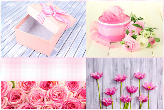 Collage of photos with flowers and gifts