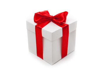 White gift box with red ribbon