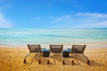 Fototapeta na wymiar tourism, group of deck chairs on the beach
