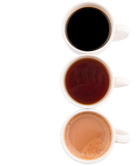 Hot beverages of chocolate, tea and black coffee