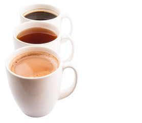 Hot beverages of chocolate, tea and black coffee