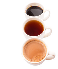 Hot beverages of chocolate, tea and black coffee