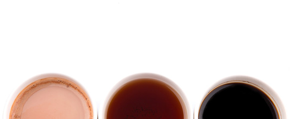 Hot beverages of chocolate, tea and black coffee