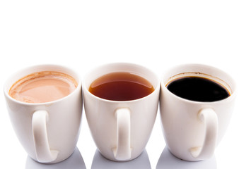 Hot beverages of chocolate, tea and black coffee