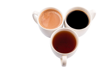 Hot beverages of chocolate, tea and black coffee