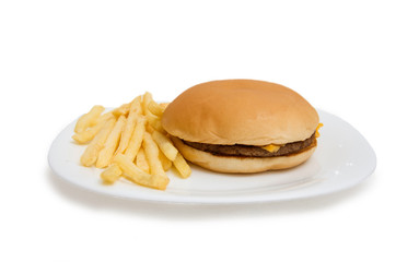 Cheeseburger on dinner plate with french fries isolated on white