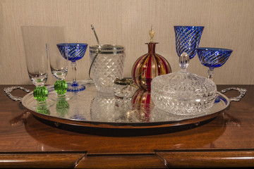 set of glass and silver dish