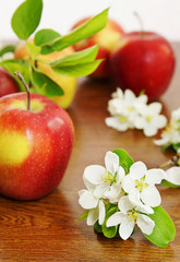 Ripe red apple fruits and apple flower on the wooden board