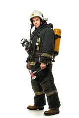 Fototapeta premium Firefighter with axe and oxygen balloon isolated on white