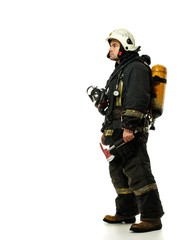 Firefighter with axe and oxygen balloon isolated on white