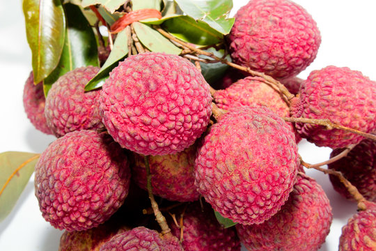 fresh lychees on white background