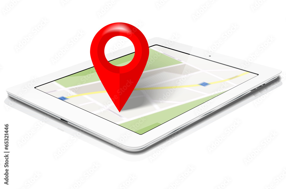 Poster white tablet with abstract map and red marker on screen