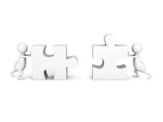 3d people push pieces of puzzle to connect together