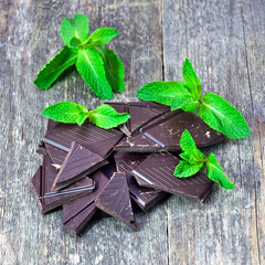 Dark chocolate blocks with fresh mint leaves