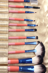 Obraz premium Set of make-up brushes in golden leather case close up