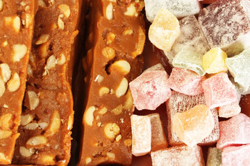 tasty turkish delight with sherbet with nuts close-up