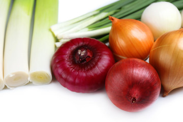 Different raw onion, isolated on white