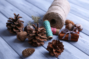 Composition with natural bump, thread, cinnamon sticks