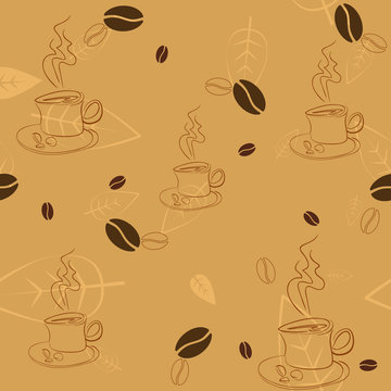 Seamless pattern with coffee beans, cups and leaves