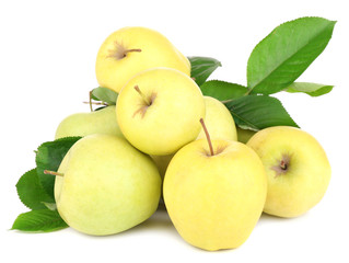 Ripe sweet apples with leaves, isolated on white