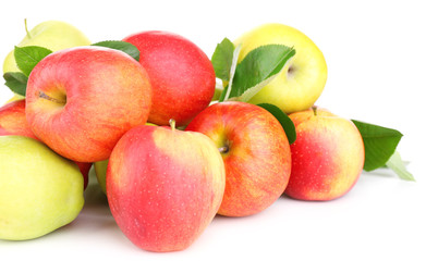 Ripe sweet apples with leaves, isolated on white