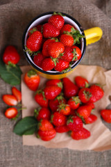 Ripe sweet strawberries  on sackcloth background