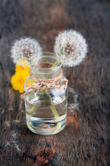Dandelions flowers on old wooden background