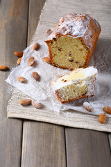 Tasty cake on table close-up