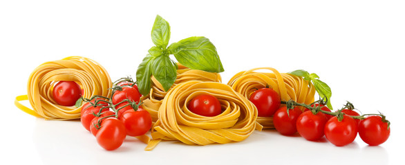 Raw homemade pasta and tomatoes, isolated on white