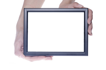 Black photo frame in hands isolated on white background