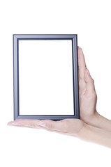 Black photo frame in hands isolated on white background