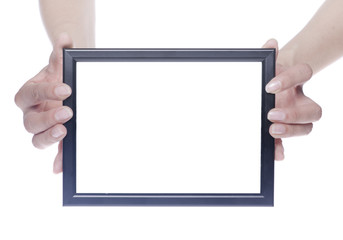 Black photo frame in hands isolated on white background