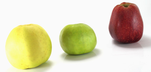 thre different apples on a white background