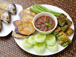 thai food, Fried Mackerel fish chili sauce and fried vegetable w