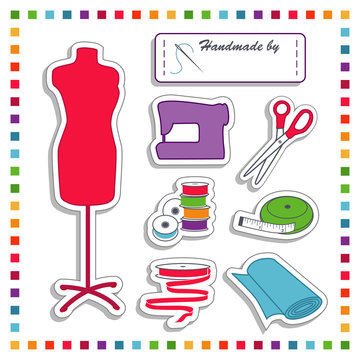 Fashion Stickers, model, sewing machine, fabric, rainbow frame