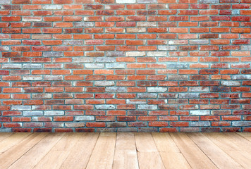 Brick wall and wooden floor, empty perspective room.