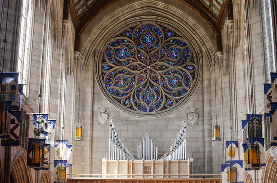 Pipe organ inside church.