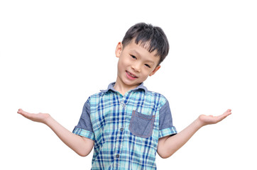 Young Asian boy showing copy space, isolated on white background