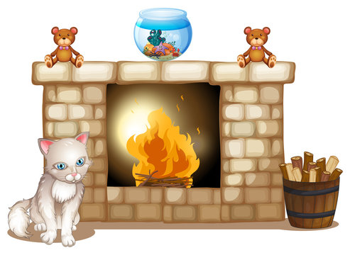 A sad cat near the fireplace