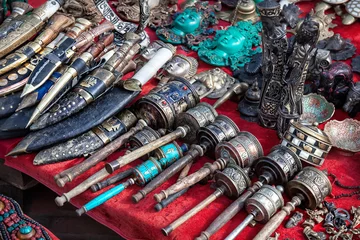 Deurstickers Prayer wheels and Nepali knives © pikoso.kz